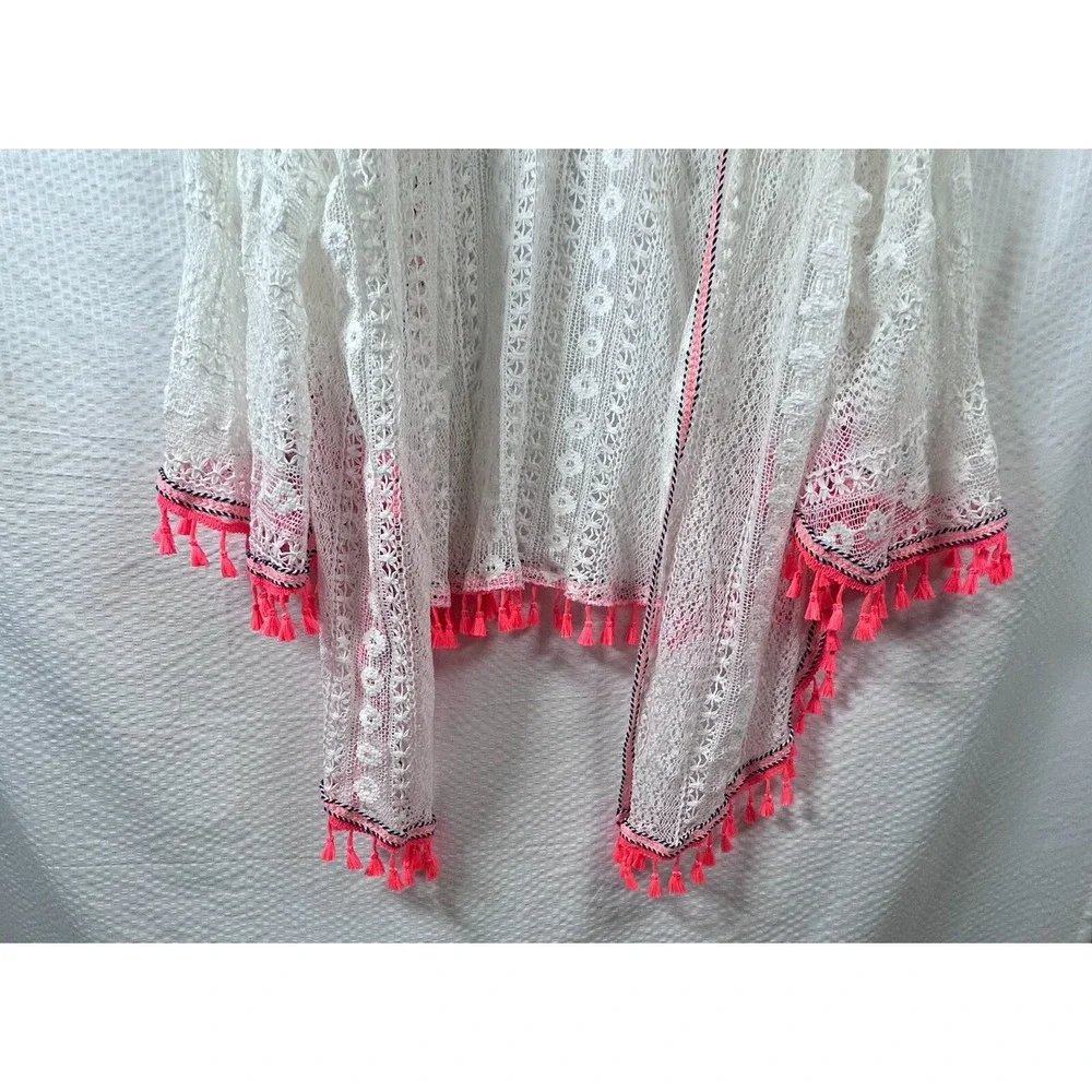 Express White Cotton Crochet‎ Neon Pink Tassels Open Swimsuit Cover Up One Size